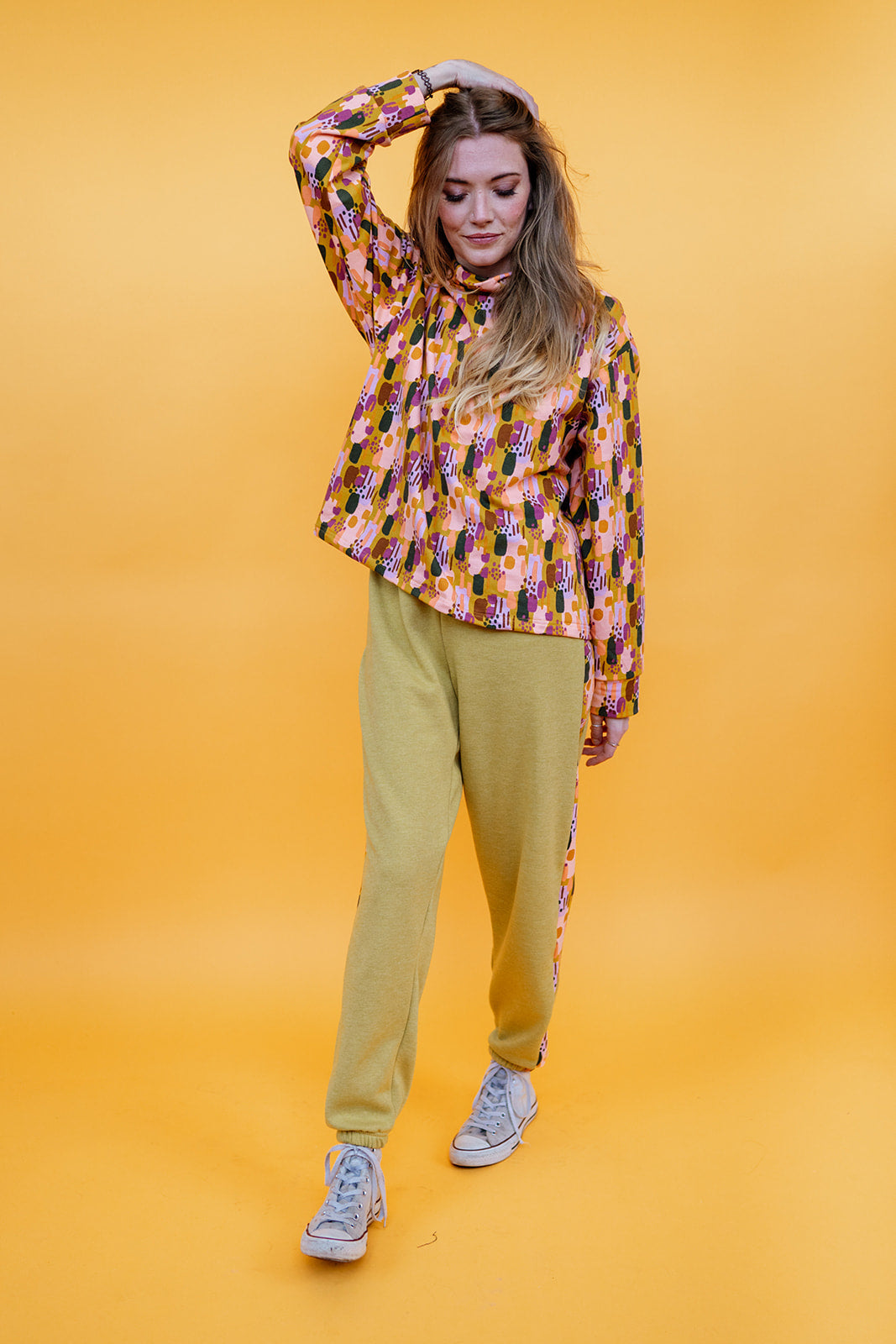 Funnel Neck Pullover in Mustard Abstract Paint