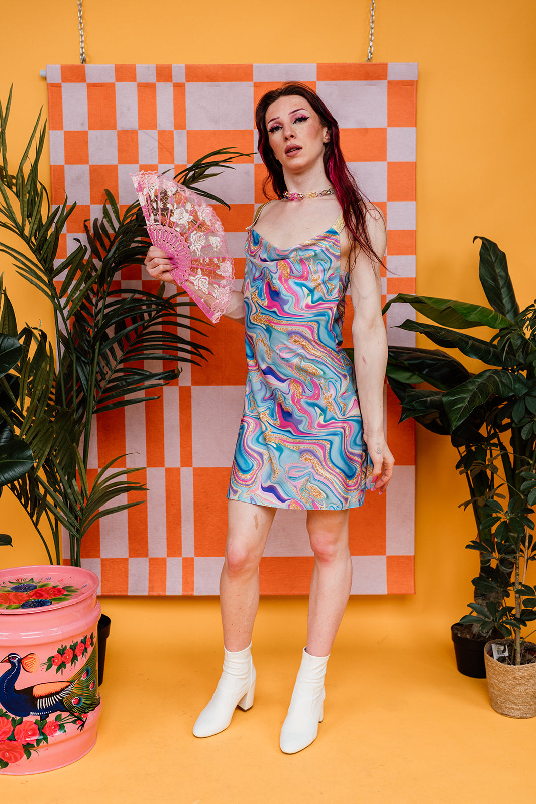 Eco Cowl Mini Dress in Pastel Marble