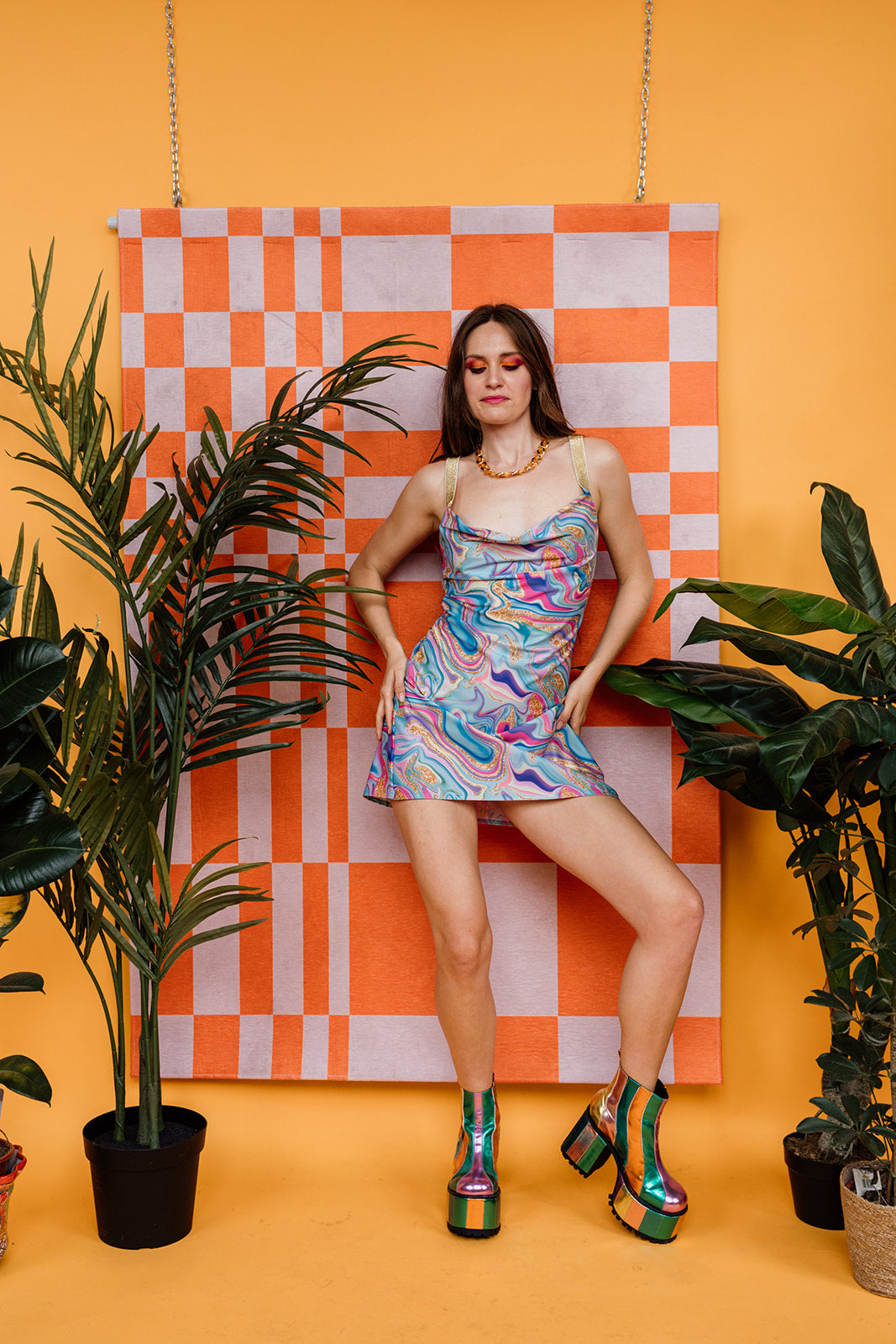Eco Cowl Mini Dress in Pastel Marble