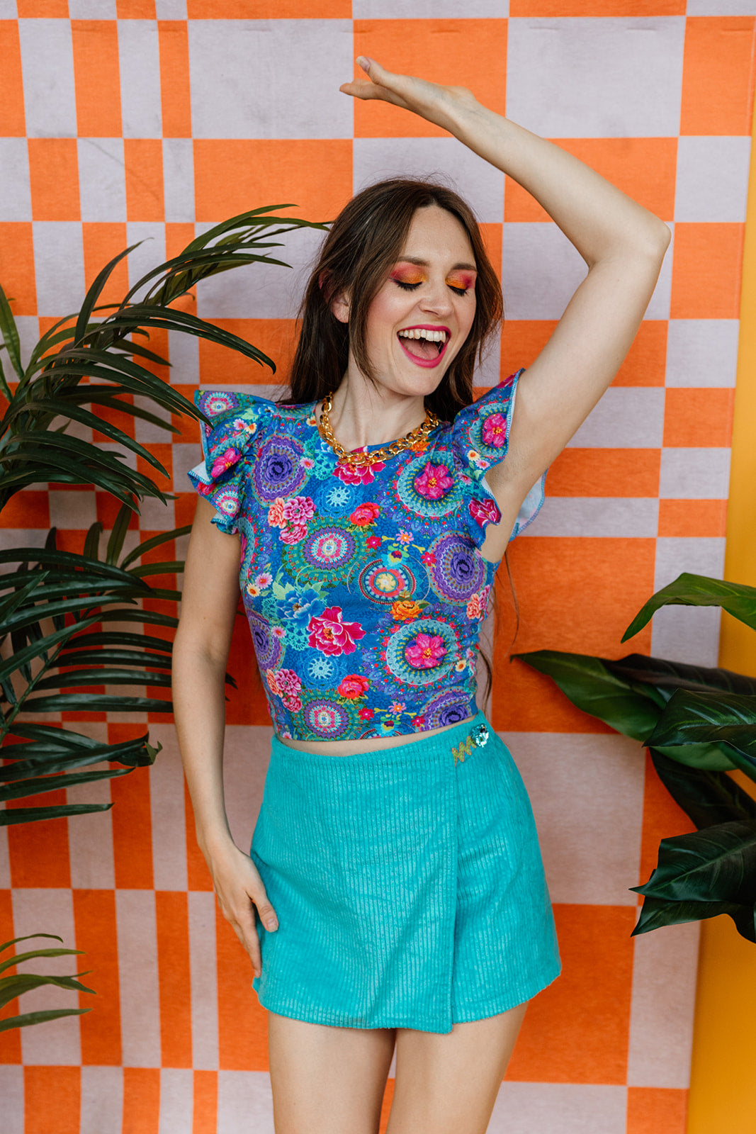 Ruffle Racer Top in Blue Crochet Print