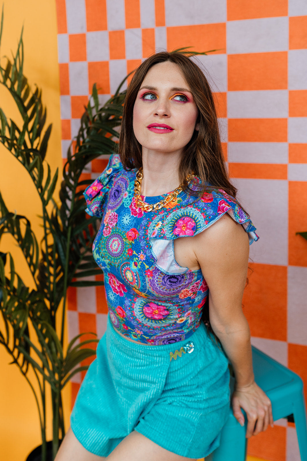 * Ruffle Racer Top in Blue Crochet Print + 1 Colour