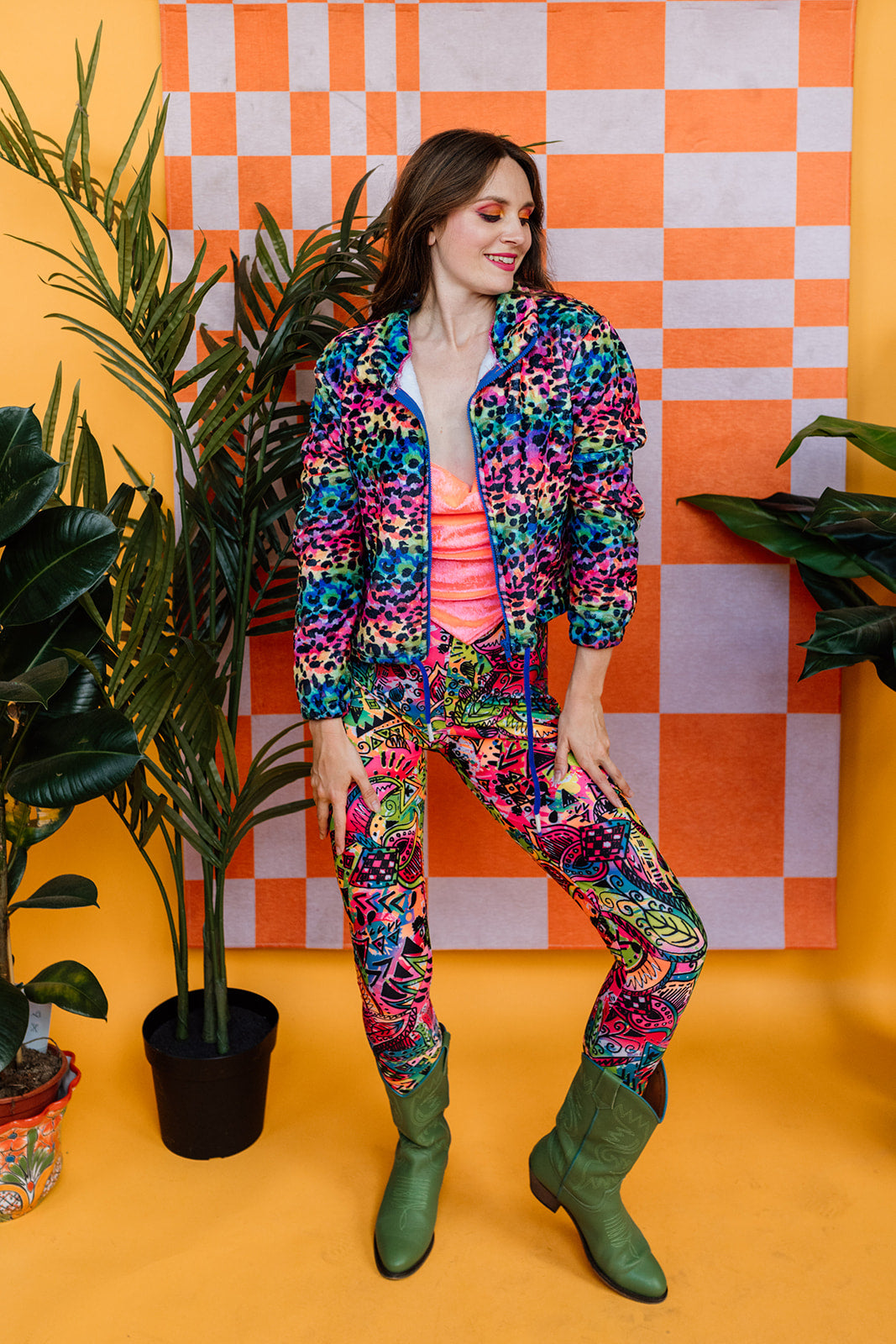 Fleece Bomber Jacket in Rainbow Leopard