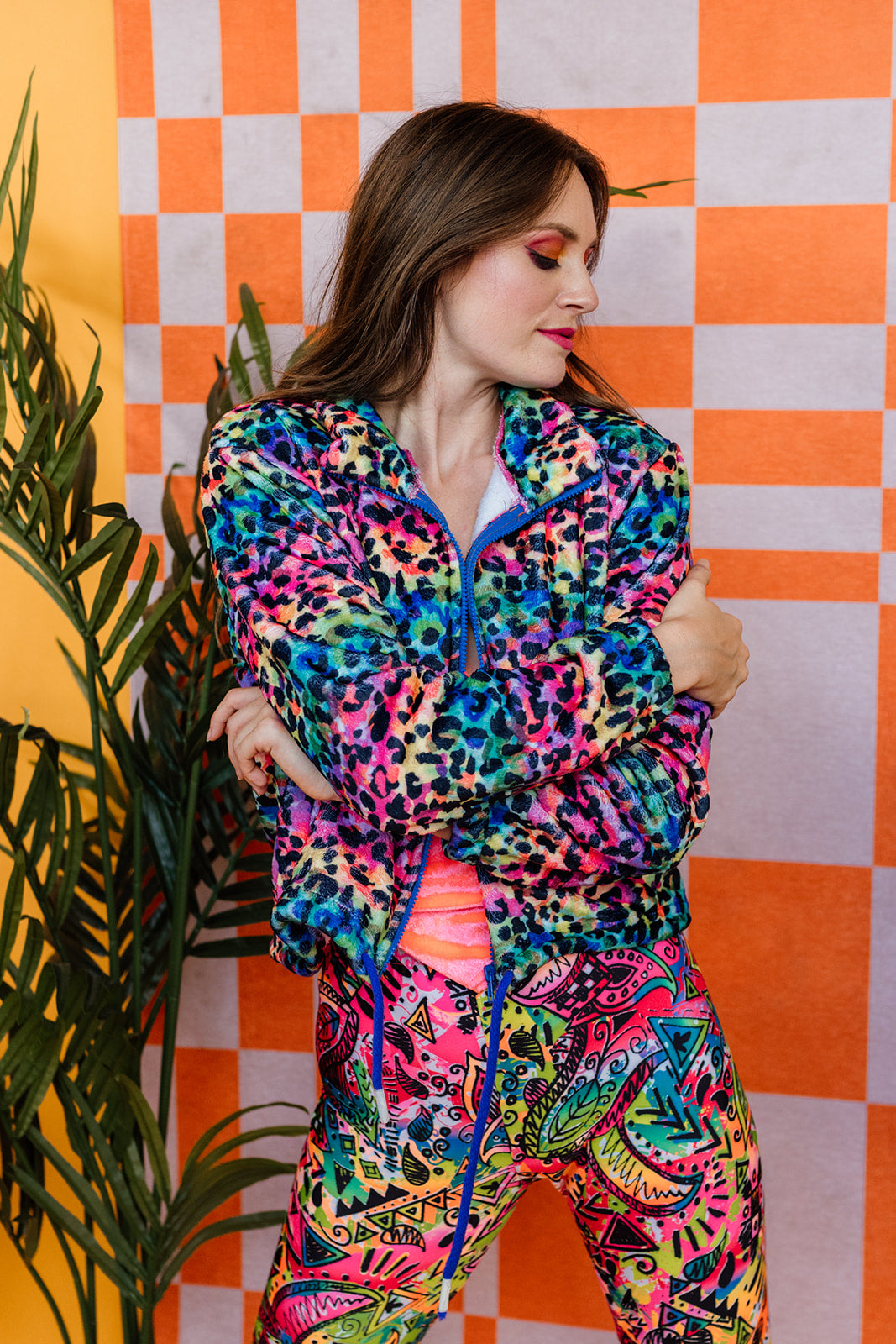 Fleece Bomber Jacket in Rainbow Leopard