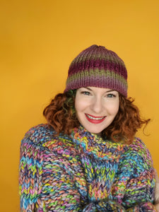 Striped Beanie Hat in Plum and Green