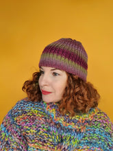 Load image into Gallery viewer, Striped Beanie Hat in Plum and Green