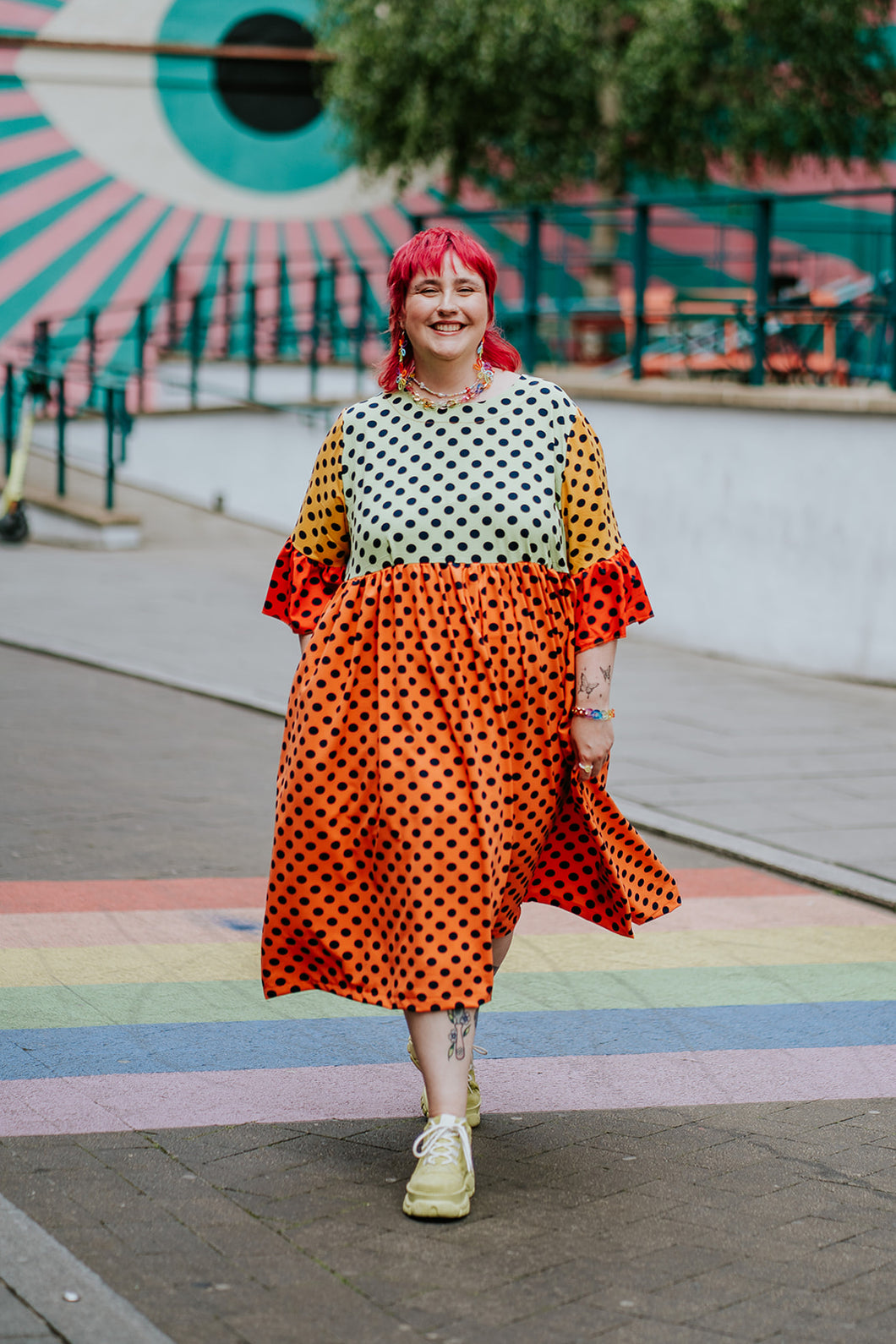 Ruffle Smock Dress in Rainbow Polka Dot