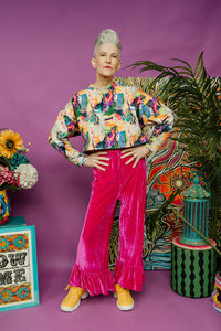 Velvet Ruffle Culottes in Bright Pink