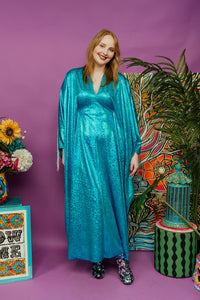 Disco Kaftan in Royal Turquoise Holographic with Fringing