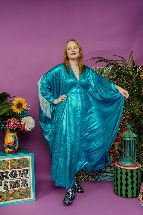 Disco Kaftan in Royal Turquoise Holographic with Fringing