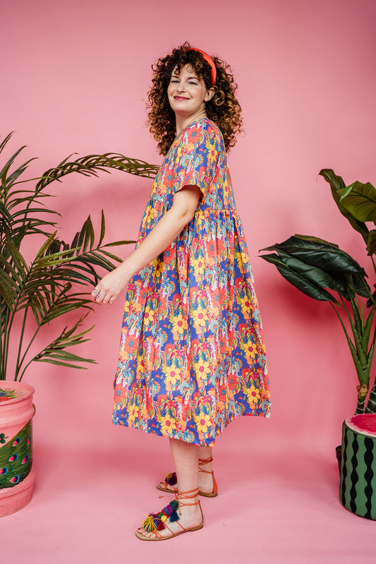 Midi Smock Dress in Rainbow Floral