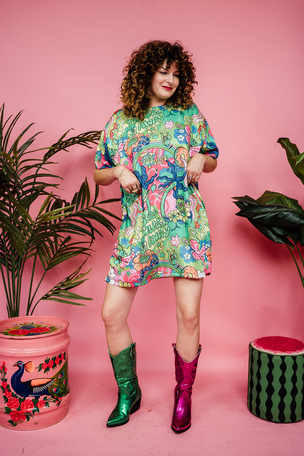 T Shirt Dress in Smile the Pain Away Print