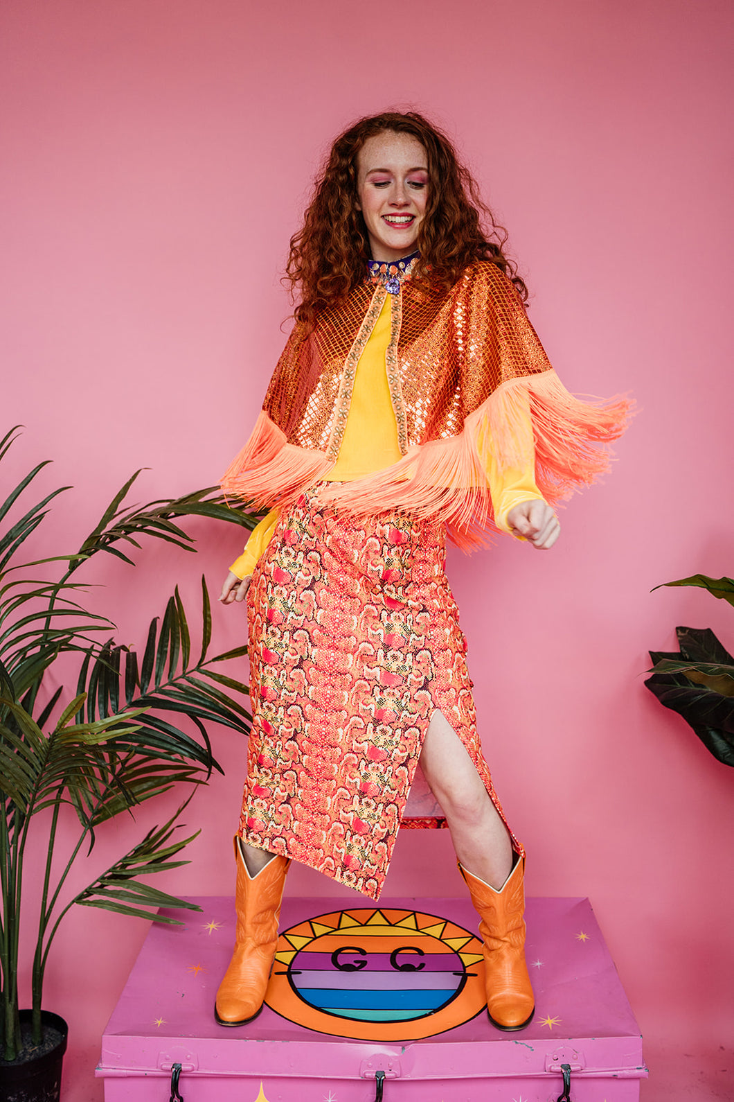 Midi Split Skirt in Orange Snake Print