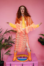 Load image into Gallery viewer, Midi Split Skirt in Orange Snake Print