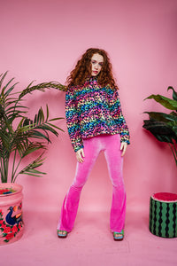 Funnel Neck Pullover in Rainbow Leopard