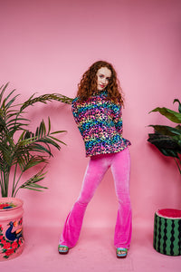 Funnel Neck Pullover in Rainbow Leopard