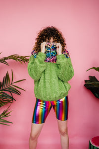 Half-Zip Pullover in Rainbow Leopard and Green Teddy