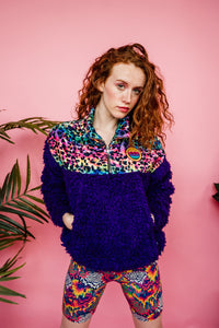 Half-Zip Pullover in Rainbow Leopard and Purple Teddy