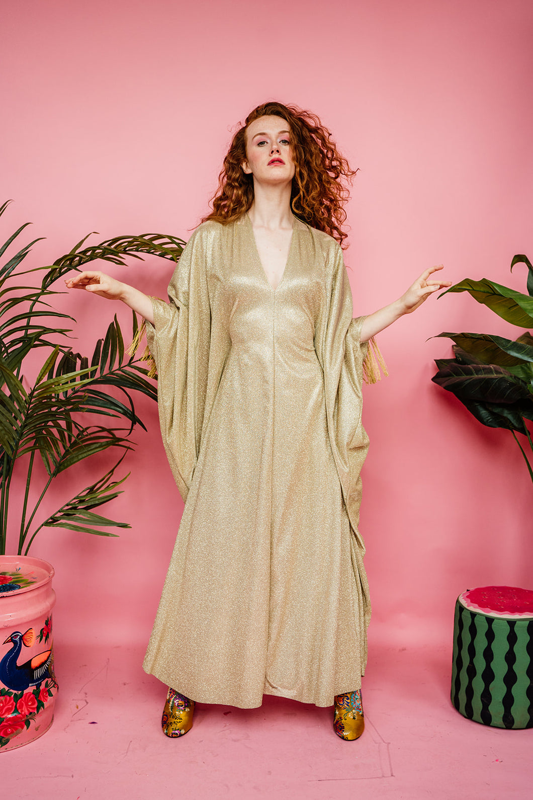 Disco Kaftan in Gold Glitter with Fringing