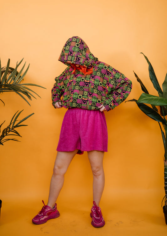 Hooded Batwing Pullover in Neon Block Print