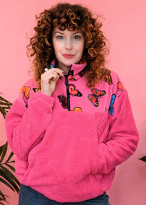 Half-Zip Pullover in Butterfly and Pink Towelling