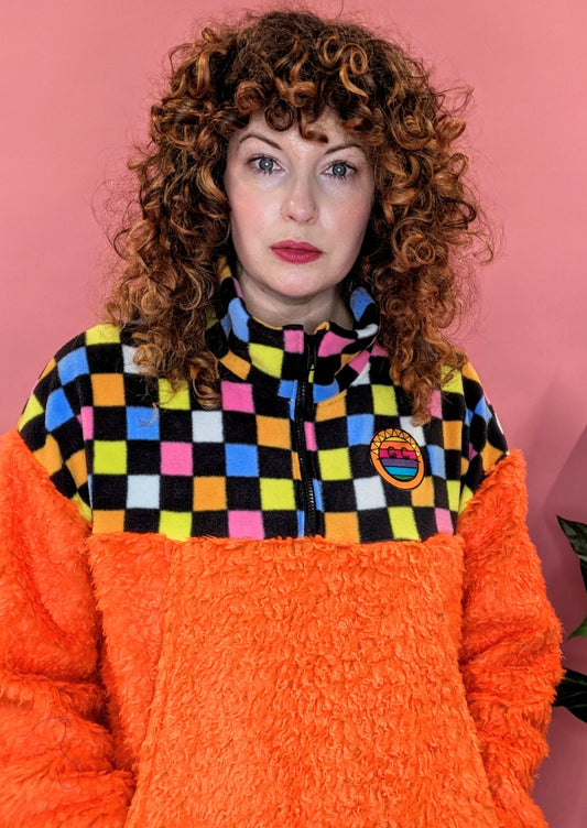 Half-Zip Pullover in Liquorice Allsorts and Orange Teddy