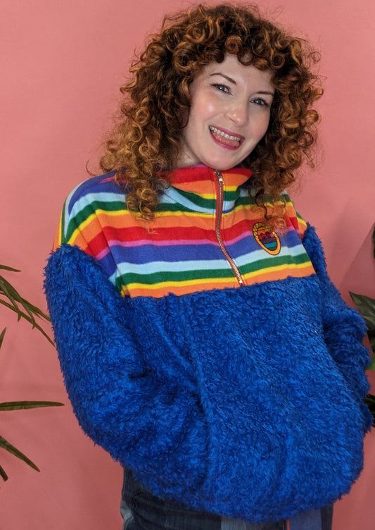 Half-Zip Pullover in Rainbow Stripe and Blue Teddy