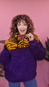Half-Zip Pullover in Yellow Zebra and Purple Teddy