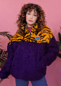 Half-Zip Pullover in Yellow Zebra and Purple Teddy