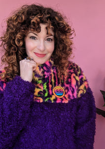 Half-Zip Pullover in Carnival Leopard and Purple Teddy