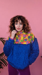Half-Zip Pullover in Rainbow Jigsaw and Blue Teddy