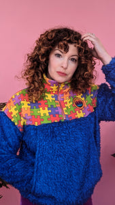 Half-Zip Pullover in Rainbow Jigsaw and Blue Teddy