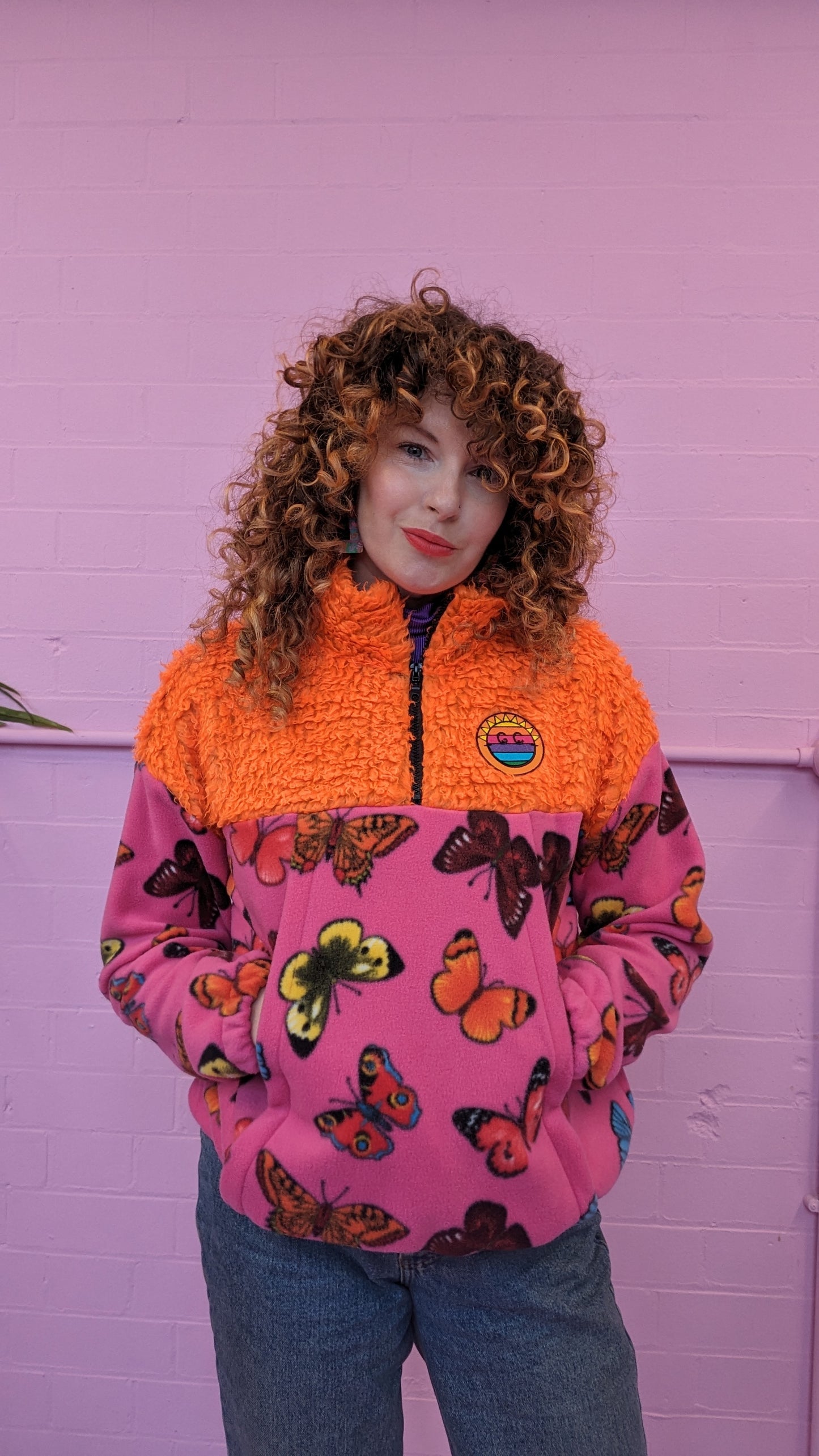 Half-Zip Pullover in Butterfly and Orange Teddy