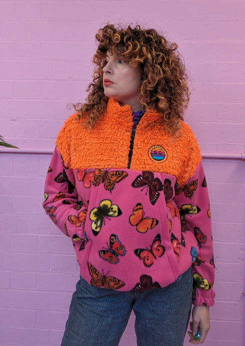 Half-Zip Pullover in Butterfly and Orange Teddy