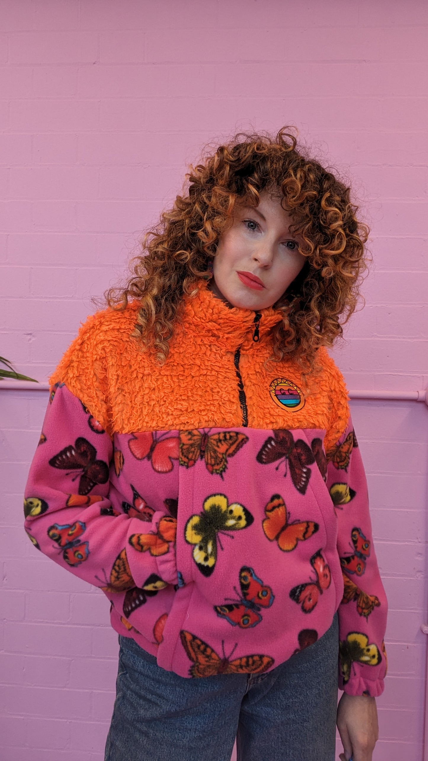 Half-Zip Pullover in Butterfly and Orange Teddy