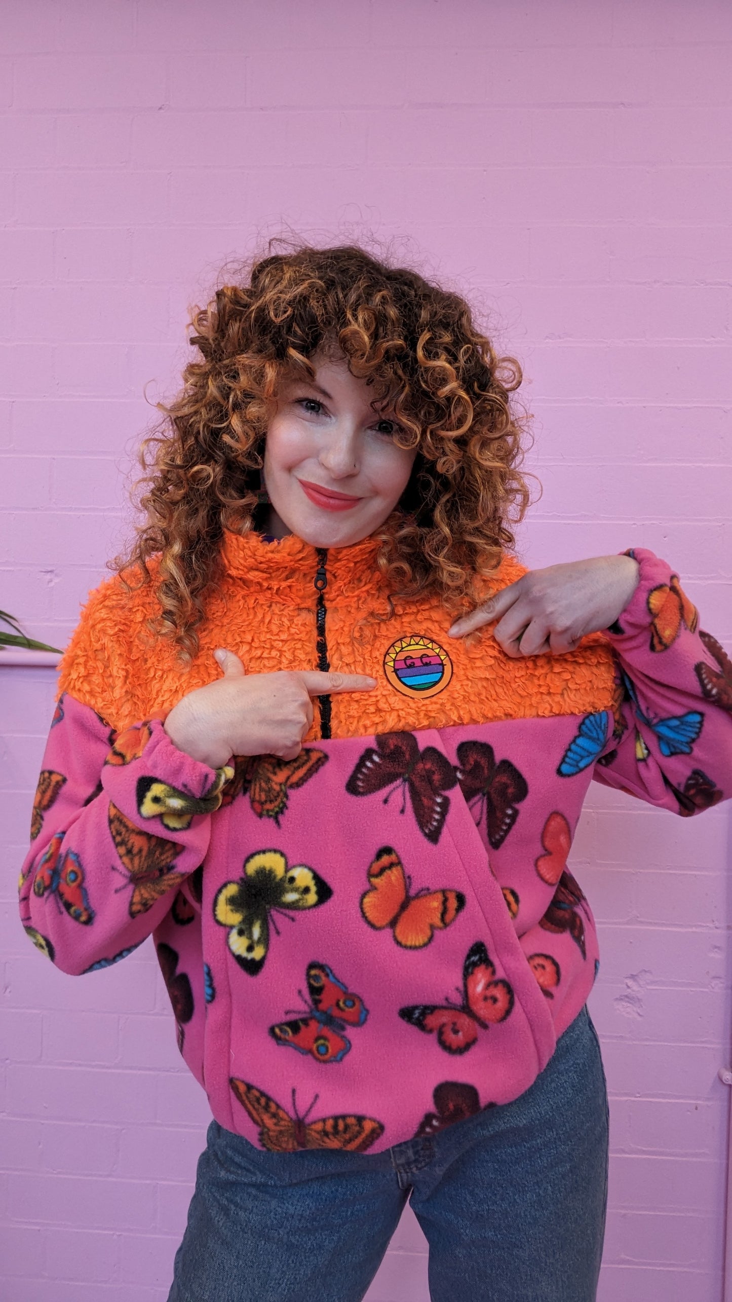 Half-Zip Pullover in Butterfly and Orange Teddy