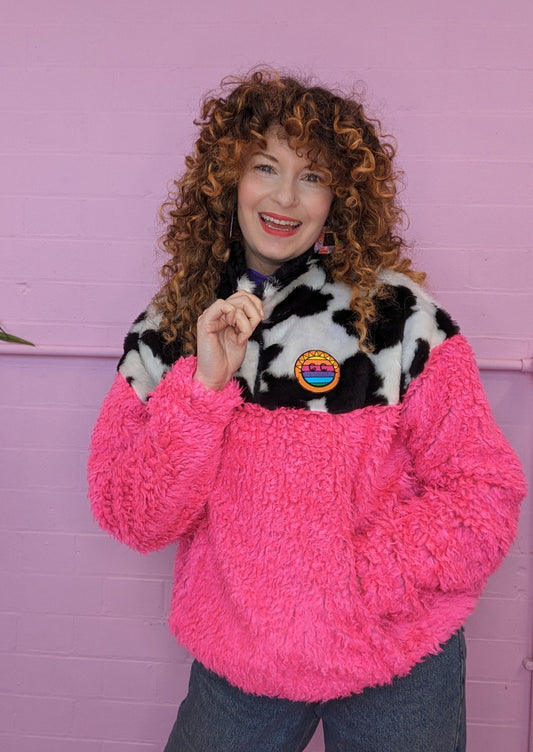 Half-Zip Pullover in Cow Print and Pink Teddy