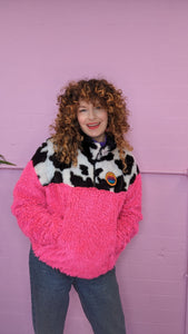 Half-Zip Pullover in Cow Print and Pink Teddy