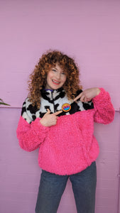 Half-Zip Pullover in Cow Print and Pink Teddy