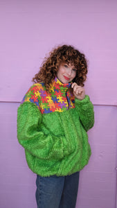 Half-Zip Pullover in Rainbow Jigsaw and Green Teddy