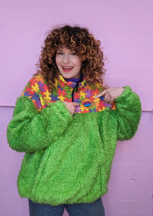 Half-Zip Pullover in Rainbow Jigsaw and Green Teddy