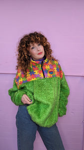 Half-Zip Pullover in Rainbow Jigsaw and Green Teddy