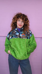 Half-Zip Pullover in Leaves/Leopards and Green Teddy