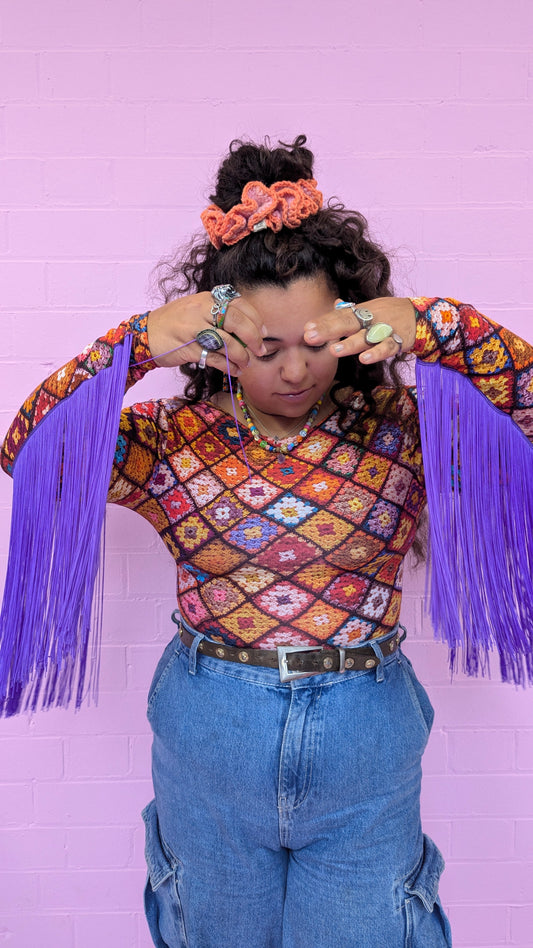 Fringe Crop Top in Orange Granny Square Print