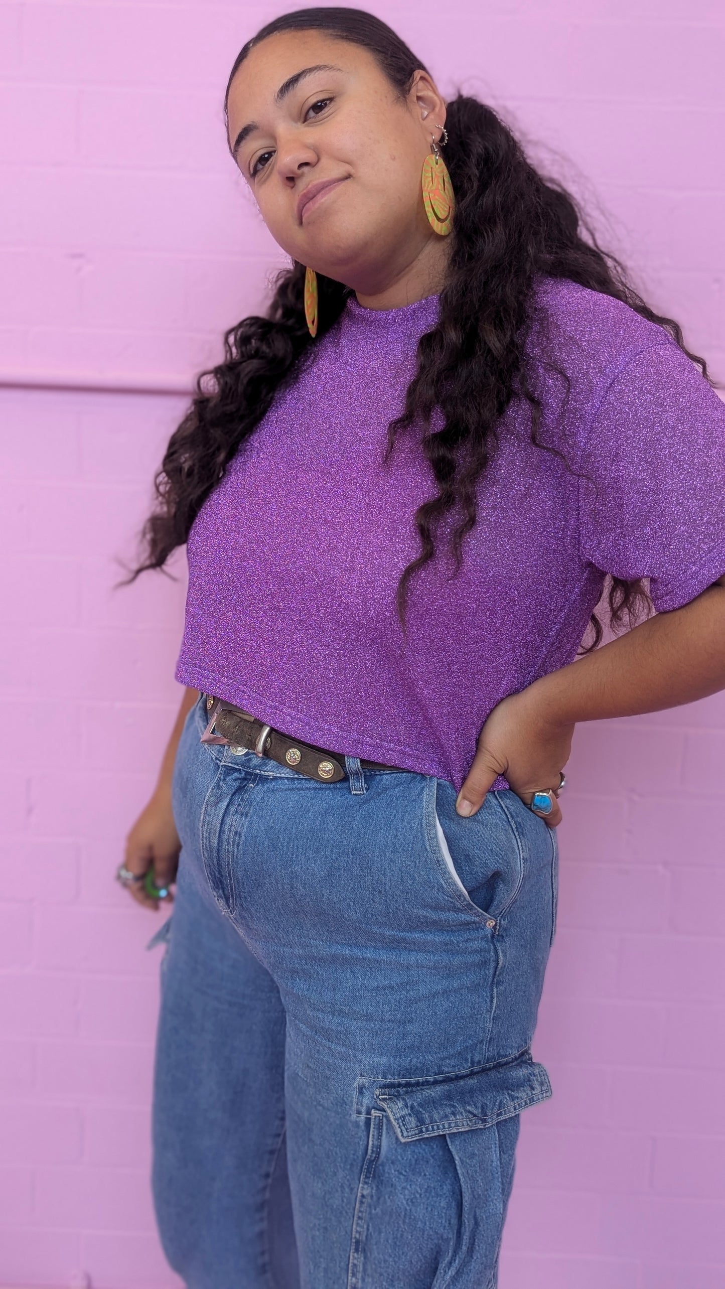 Boxy Lurex Tee in Lilac Glitter