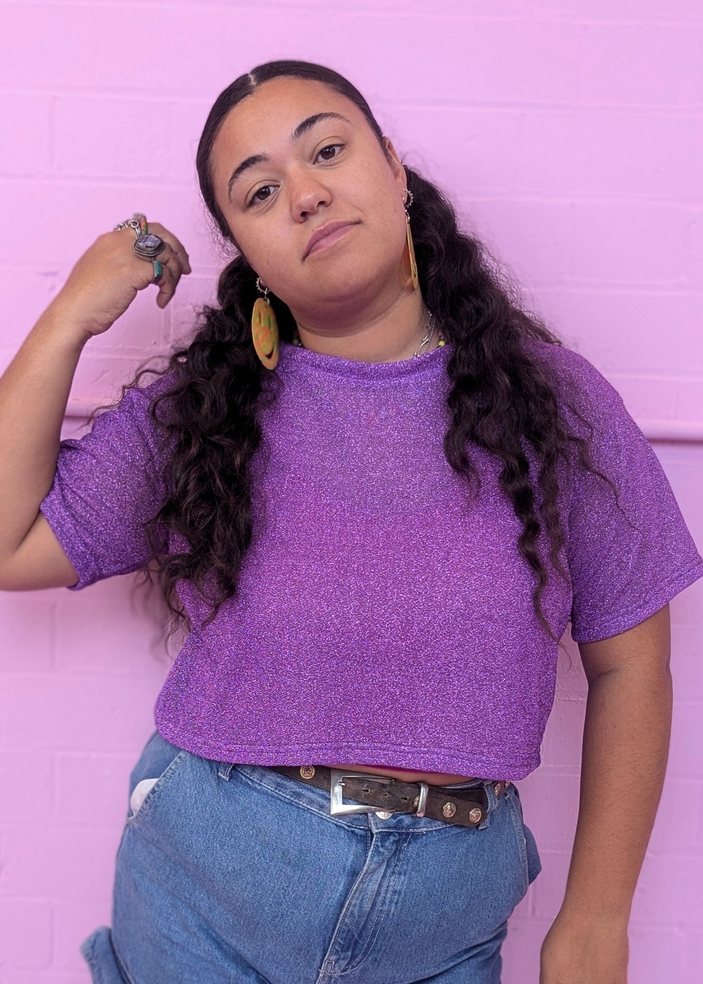 Boxy Lurex Tee in Lilac Glitter