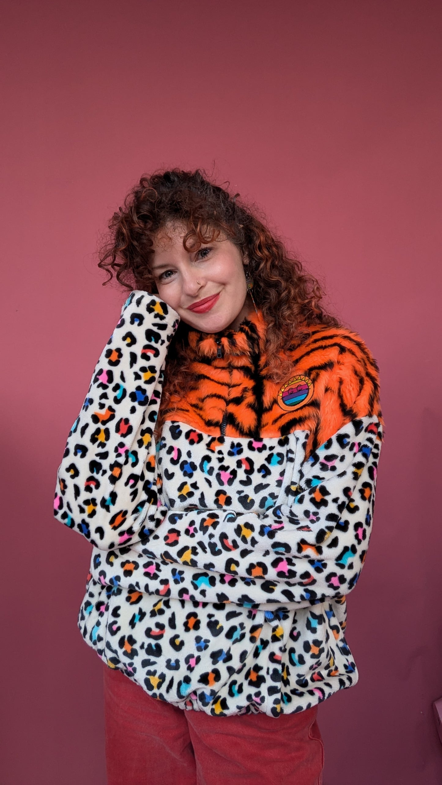 Half-Zip Pullover in Rainbow Leopard and Orange Tiger