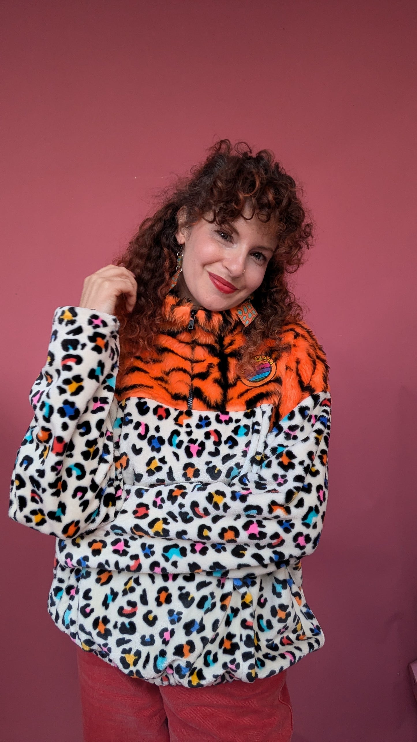 Half-Zip Pullover in Rainbow Leopard and Orange Tiger