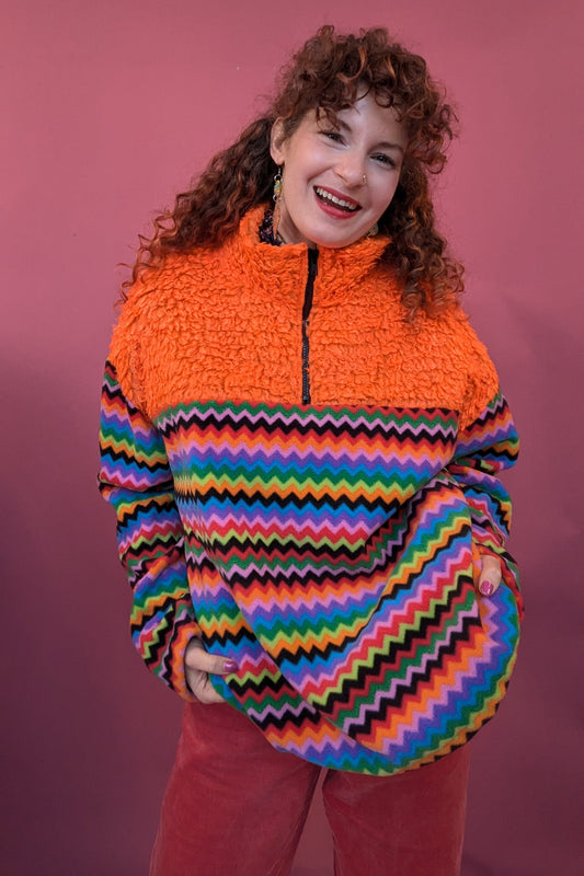 Half Zip Lite in Rainbow Chevron and Orange Teddy