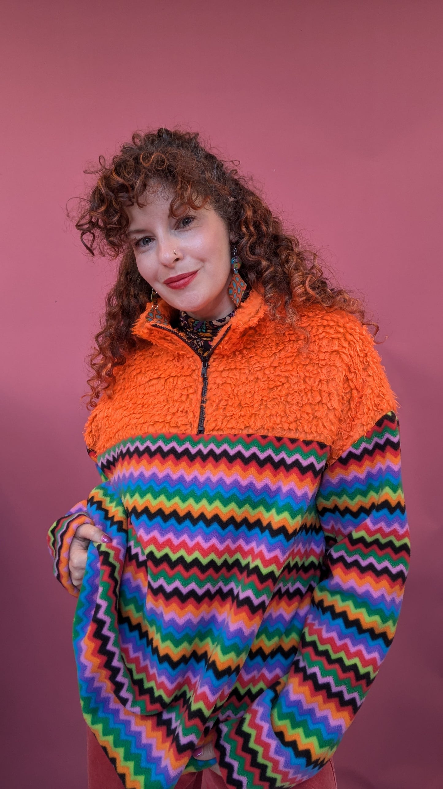 Half Zip Lite in Rainbow Chevron and Orange Teddy