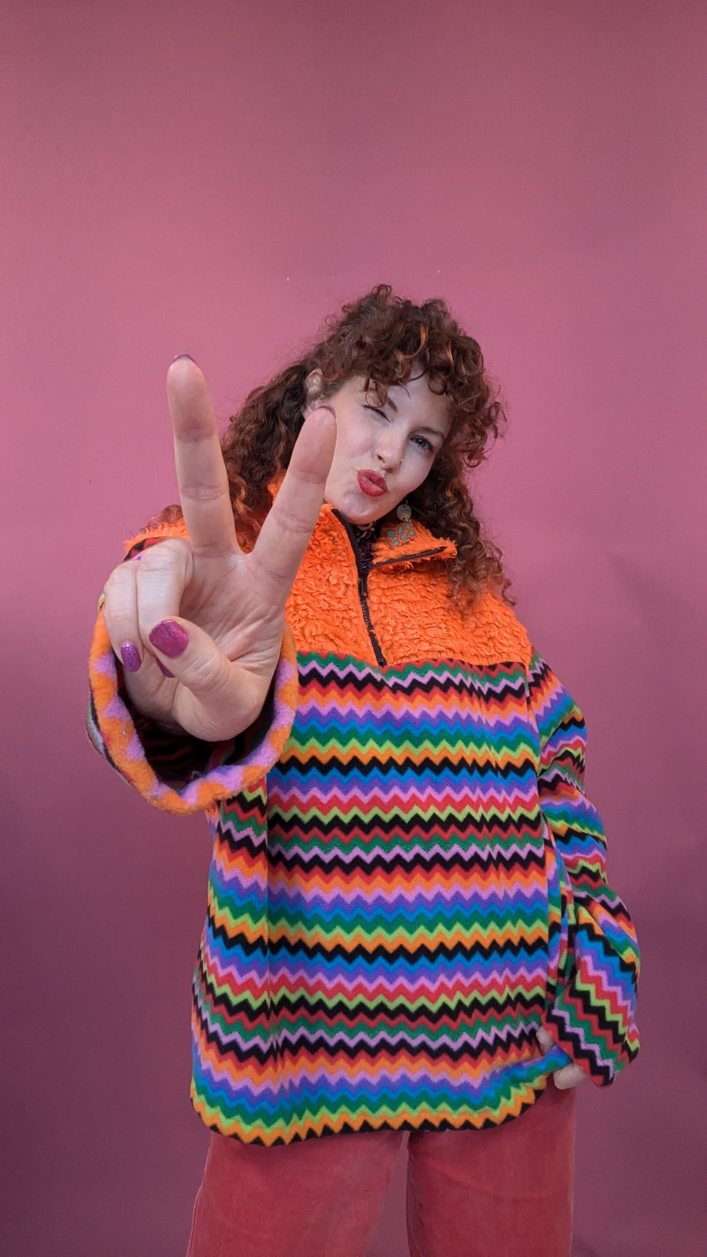 Half Zip Lite in Rainbow Chevron and Orange Teddy